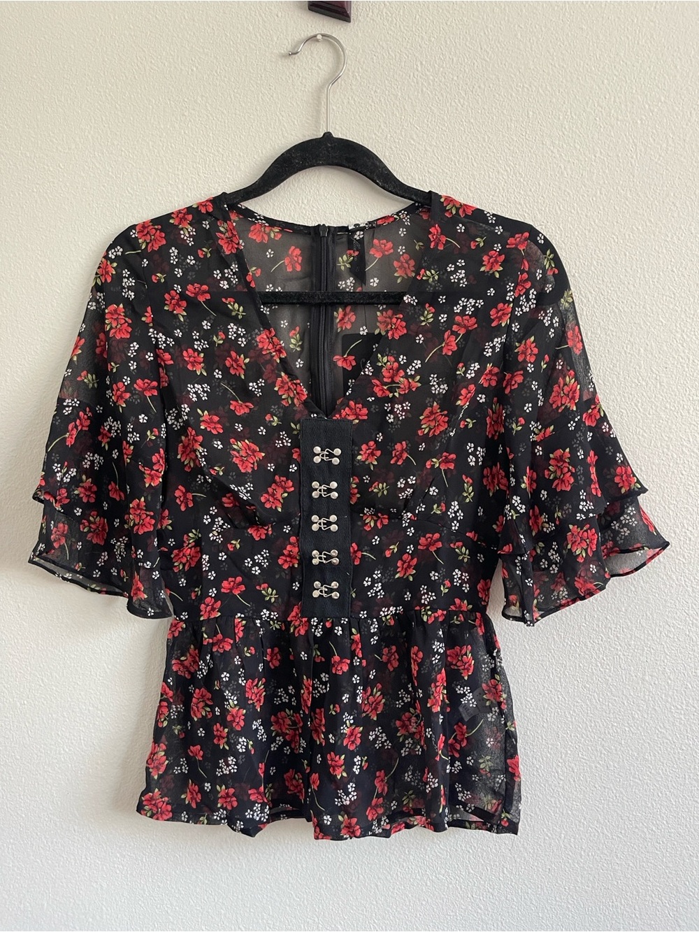 Black Floral V-Neck Peplum Blouse with Red Blossoms
